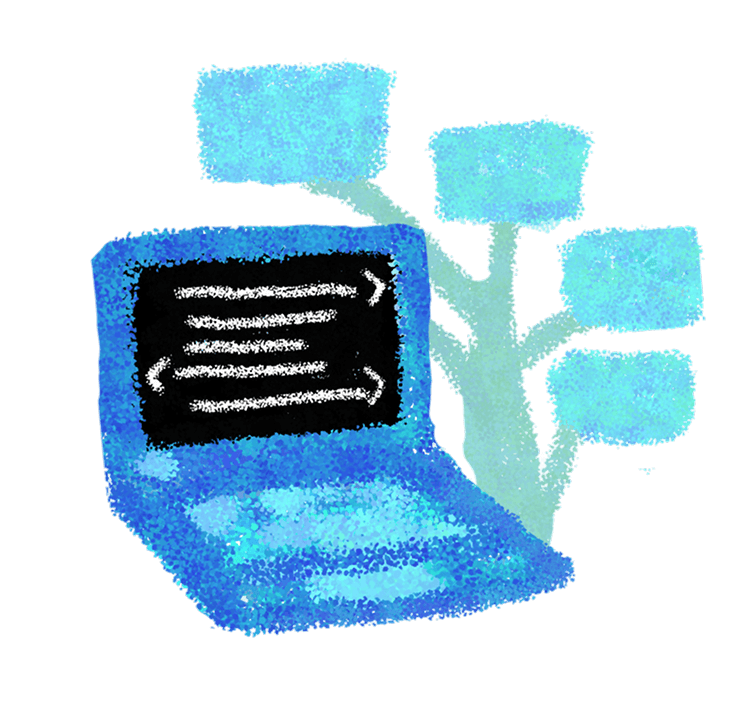 Painterly illustration of a laptop with code and a measured tree