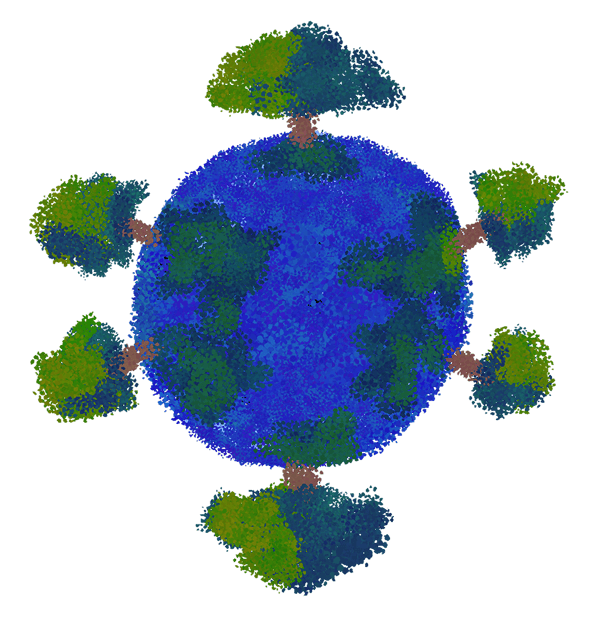 Painterly illustration of a globe with trees growing from it