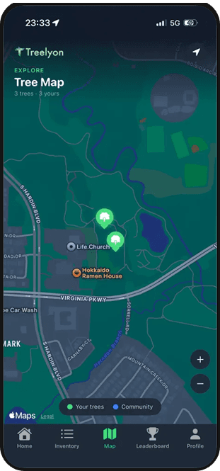 Treelyon app tree map screen