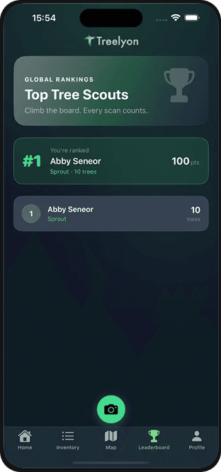 Treelyon app leaderboard screen