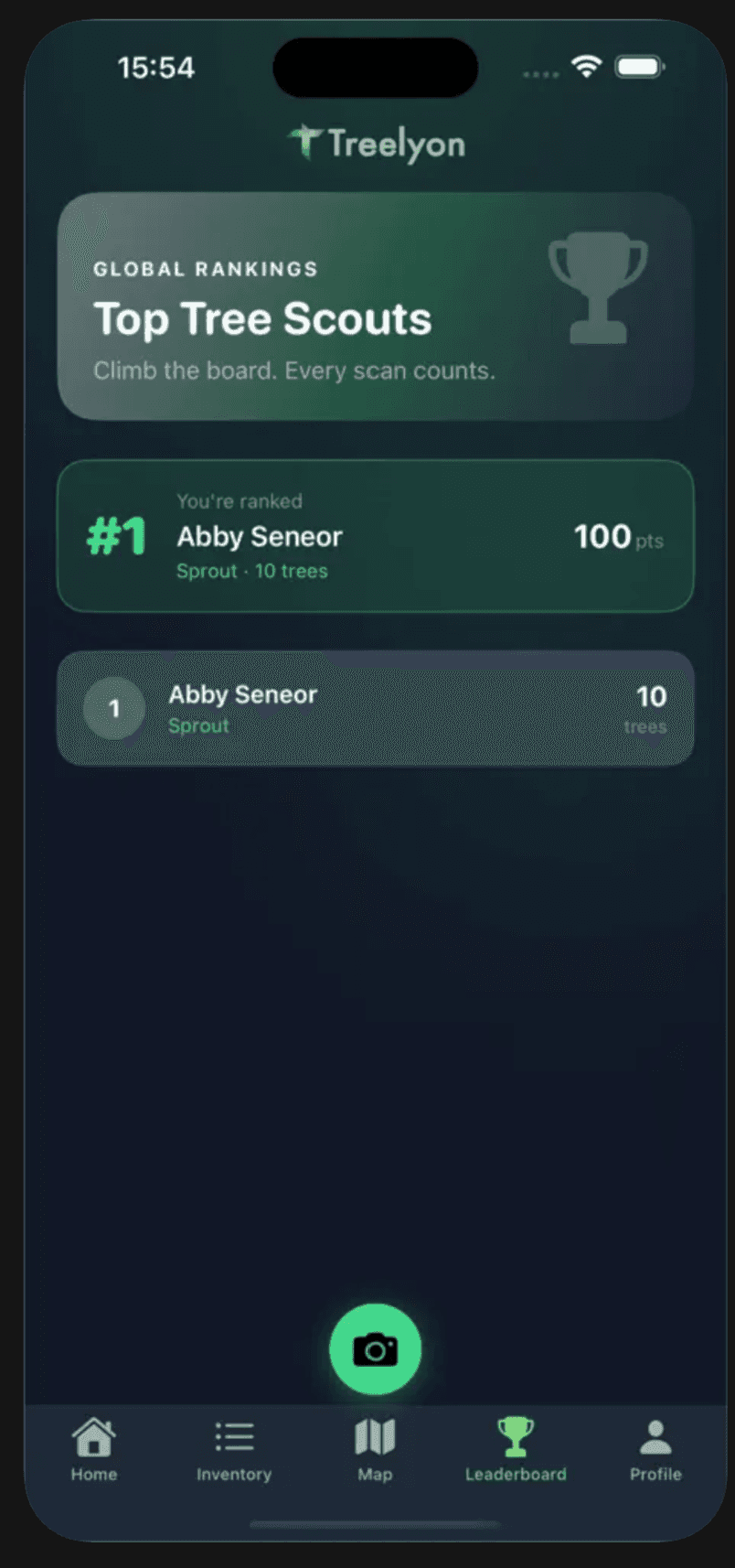 Treelyon citizen app leaderboard on a phone
