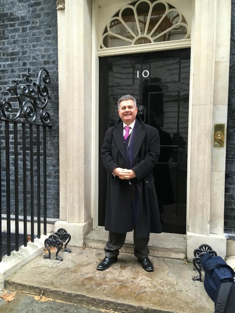 Dominic Dyer standing outside 10 Downing Street