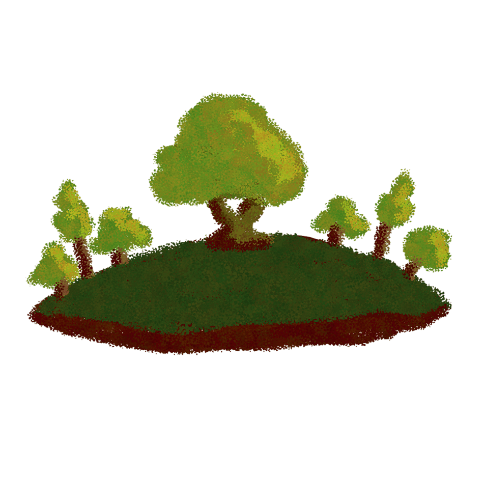 Painterly illustration of measured trees on a hill
