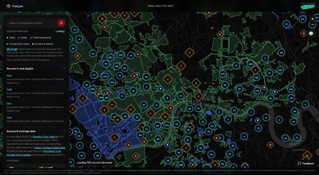 England TPO Map by Treelyon and Tree Law showing tree protection zones across London