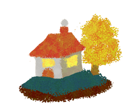 Painterly illustration of a house with an autumn tree